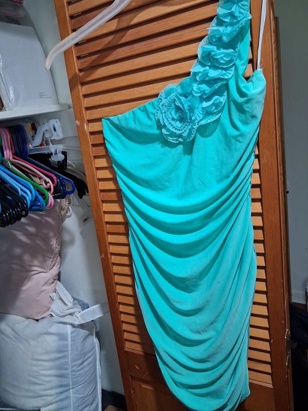Deb One-Shoulder Turquoise Floral-Applique Dress